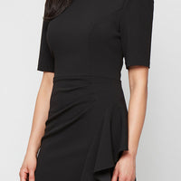 Long Embellished Neck Dress with Elbow Sleeves and Cascade Detail Skirt
