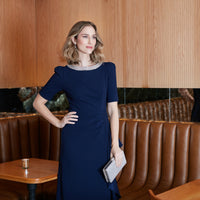 Long Embellished Neck Dress with Elbow Sleeves and Cascade Detail Skirt