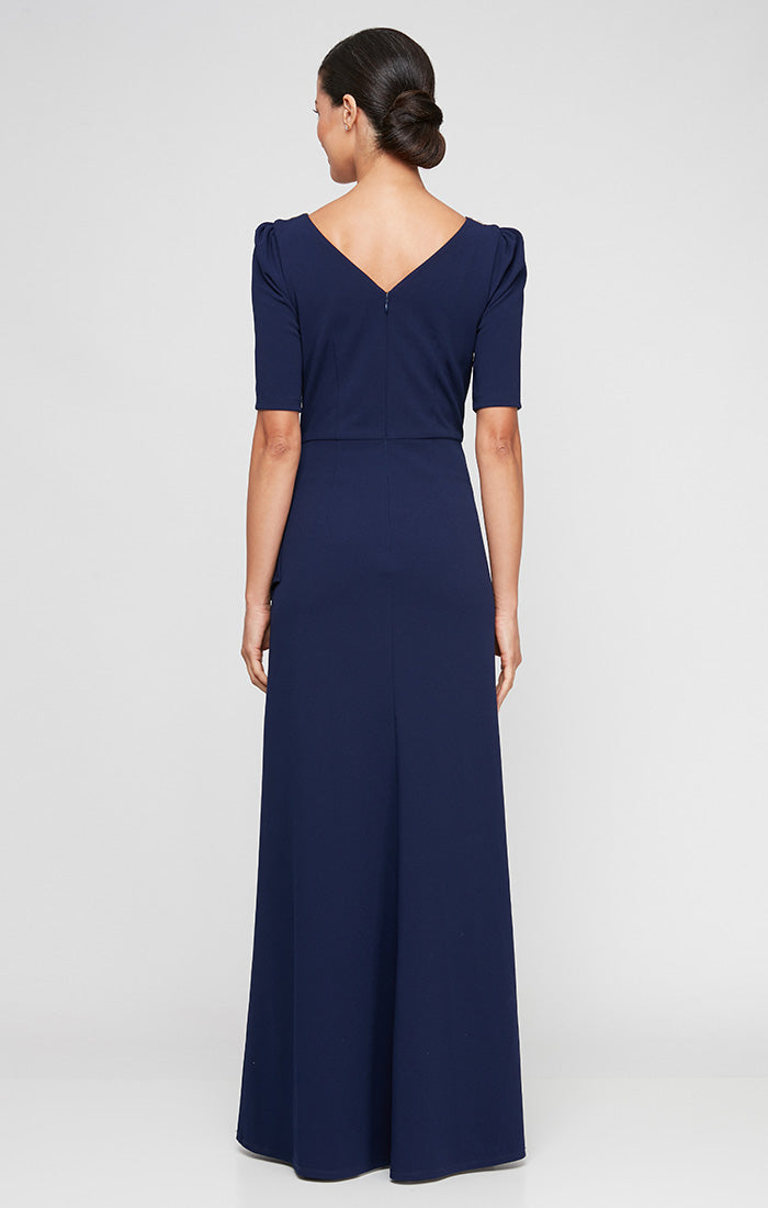 Long Embellished Neck Dress with Elbow Sleeves and Cascade Detail Skirt