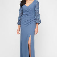 Regular - Long Stretch Crepe V-Neck Dress with Soutache Illusion Sleeves and Front Slit