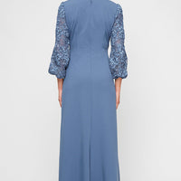 Regular - Long Stretch Crepe V-Neck Dress with Soutache Illusion Sleeves and Front Slit