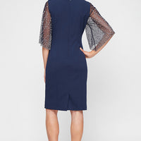 Petite Short Stretch Crepe Sheath Dress with Square Neckline and Heat Set Illusion Sleeves