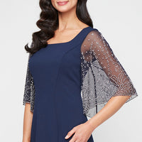 Petite Short Stretch Crepe Sheath Dress with Square Neckline and Heat Set Illusion Sleeves