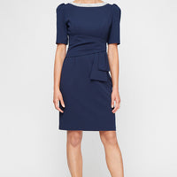 Short Stretch Crepe Sheath Dress with Embellished Neckline with Gather Waist and Puff Shoulder Elbow Sleeves