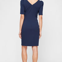 Short Stretch Crepe Sheath Dress with Embellished Neckline with Gather Waist and Puff Shoulder Elbow Sleeves
