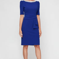 Short Stretch Crepe Sheath Dress with Embellished Neckline with Gather Waist and Puff Shoulder Elbow Sleeves