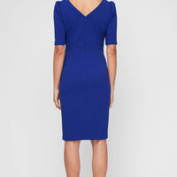 Short Stretch Crepe Sheath Dress with Embellished Neckline with Gather Waist and Puff Shoulder Elbow Sleeves
