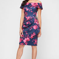 Regular - Short Printed Stretch Scuba Crepe Sheath Dress with Embellished Detail at Hip and Cascade Detail Skirt