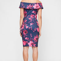 Regular - Short Printed Stretch Scuba Crepe Sheath Dress with Embellished Detail at Hip and Cascade Detail Skirt