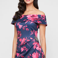 Regular - Short Printed Stretch Scuba Crepe Sheath Dress with Embellished Detail at Hip and Cascade Detail Skirt