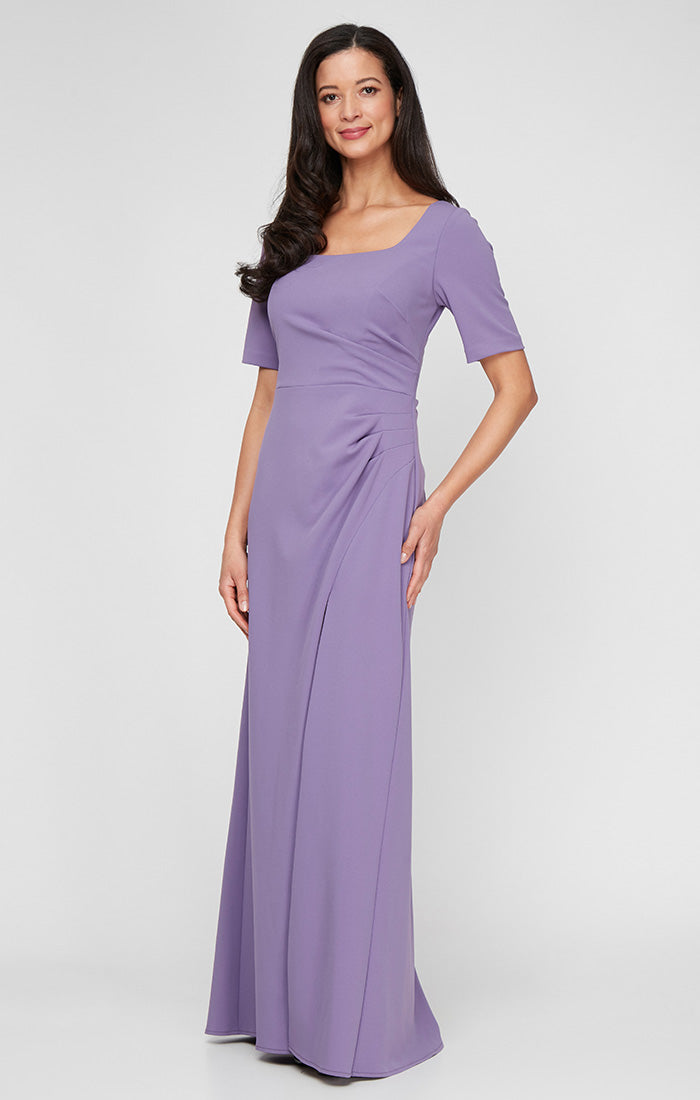 Long Stretch Crepe Dress with Square Neckline, Elbow Sleeves and Front Slit