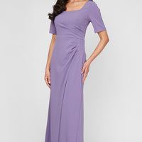 Petite Long Stretch Crepe Dress with Square Neckline, Elbow Sleeves and Front Slit