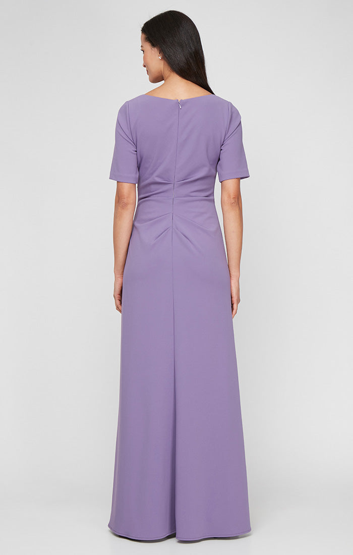 Petite Long Stretch Crepe Dress with Square Neckline, Elbow Sleeves and Front Slit