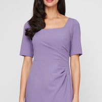 Petite Long Stretch Crepe Dress with Square Neckline, Elbow Sleeves and Front Slit