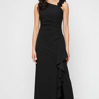 Long Stretch Crepe Dress with Flower Strap Detail and Cascade Skirt