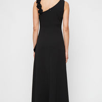 Long Stretch Crepe Dress with Flower Strap Detail and Cascade Skirt