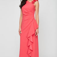 Long Stretch Crepe Dress with Flower Strap Detail and Cascade Skirt