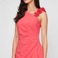 Long Stretch Crepe Dress with Flower Strap Detail and Cascade Skirt