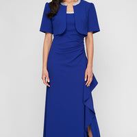 Long Stretch Crepe Bolero Jacket Dress with Embellished Square Neckline & Jacket and Cascade Ruffle Detail Skirt