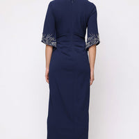 Long Stretch Crepe Column Dress with Surplice Neckline, Gathered Waist Detail and Heat Set Sleeves