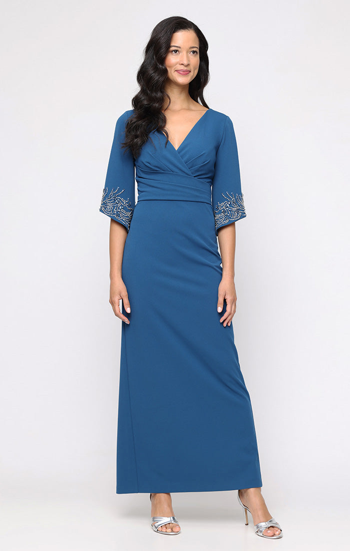Long Stretch Crepe Column Dress with Surplice Neckline, Gathered Waist Detail and Heat Set Sleeves