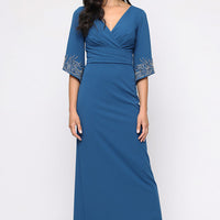 Petite Long Stretch Crepe Column Dress with Surplice Neckline, Gathered Waist Detail and Heat Set Sleeves