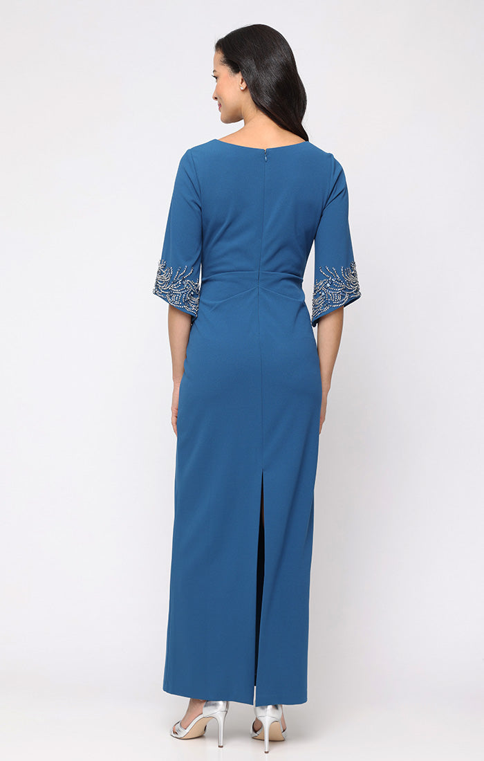Long Stretch Crepe Column Dress with Surplice Neckline, Gathered Waist Detail and Heat Set Sleeves