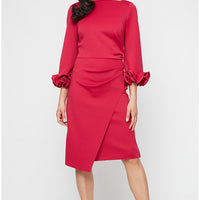 Short Stretch Crepe Sheath Dress with Boat Neckline and Ruffle Sleeve Detail