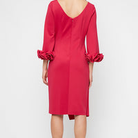 Short Stretch Crepe Sheath Dress with Boat Neckline and Ruffle Sleeve Detail