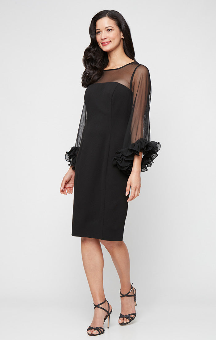 Short Stretch Crepe Sheath Dress with Illusion Neckline and Ruffle Sleeve Detail