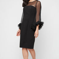 Plus Short Stretch Crepe Sheath Dress with Illusion Neckline and Ruffle Sleeve Detail