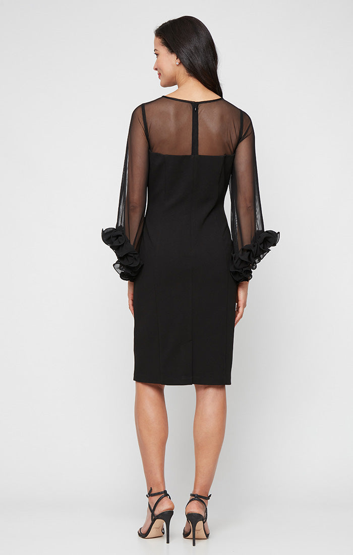Petite Short Stretch Crepe Sheath Dress with Illusion Neckline and Ruffle Sleeve Detail