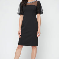 Short Stretch Crepe Sheath Dress with Beaded Illusion Neckline and Flutter Sleeves