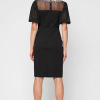 Short Stretch Crepe Sheath Dress with Beaded Illusion Neckline and Flutter Sleeves