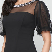 Short Stretch Crepe Sheath Dress with Beaded Illusion Neckline and Flutter Sleeves