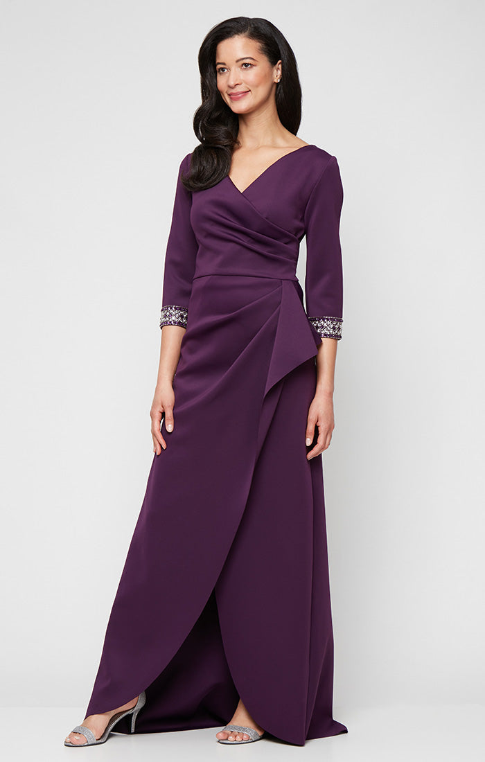 Long Stretch Scuba Crepe Dress with Surplice Neckline, Embellished Sleeve Detail and Tulip Overlay Cascade Skirt
