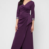 Plus Long Stretch Scuba Crepe Dress with Surplice Neckline, Embellished Sleeve Detail and Tulip Overlay Cascade Skirt