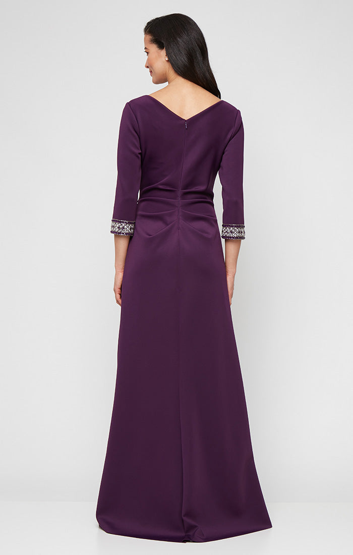 Long Stretch Scuba Crepe Dress with Surplice Neckline, Embellished Sleeve Detail and Tulip Overlay Cascade Skirt