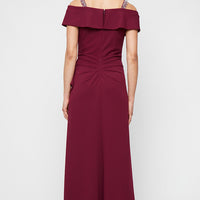 *Long Stretch Crepe Dress with Embellished Strap Cold Shoulder Detail and Cascade Peplum Hem Bodice