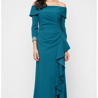 *Long Stretch Crepe Off the Shoulder Dress with Foldover Cuff Neckline, Beaded Sleeve Detail and Cascade Ruffle Skirt