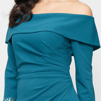 *Long Stretch Crepe Off the Shoulder Dress with Foldover Cuff Neckline, Beaded Sleeve Detail and Cascade Ruffle Skirt