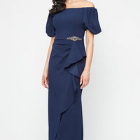 *Long Stretch Crepe Off the Shoulder Dress with Embellished Cascade Ruffle Detail at Waist and Puff Sleeves