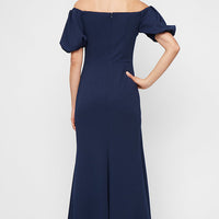 *Long Stretch Crepe Off the Shoulder Dress with Embellished Cascade Ruffle Detail at Waist and Puff Sleeves