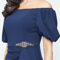 *Long Stretch Crepe Off the Shoulder Dress with Embellished Cascade Ruffle Detail at Waist and Puff Sleeves