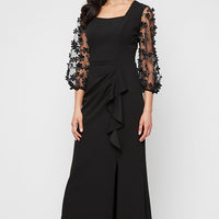 *Long Stretch Crepe Dress with Square Neckline and 3-D Floral Illusion Sleeves