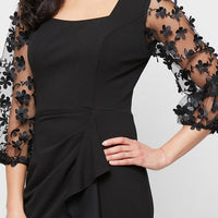 *Long Stretch Crepe Dress with Square Neckline and 3-D Floral Illusion Sleeves