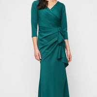 Petite Long Stretch Scuba Crepe Dress with Surplice Neckline and Gathered Cascade Detail Skirt