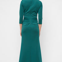 Petite Long Stretch Scuba Crepe Dress with Surplice Neckline and Gathered Cascade Detail Skirt