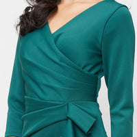 Petite Long Stretch Scuba Crepe Dress with Surplice Neckline and Gathered Cascade Detail Skirt