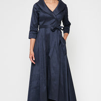 Portrait Collar Stretch Taffeta Dress with High Low Hem and Tie Belt